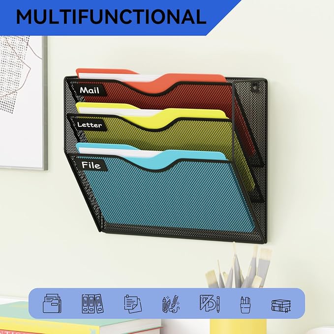 3 Pockets Hanging Wall File Organizer Mail Holder, Wall Mounted Paper Document Folder Holder, Clipboard Storage Organization Magazine Rack, Black - Image 6