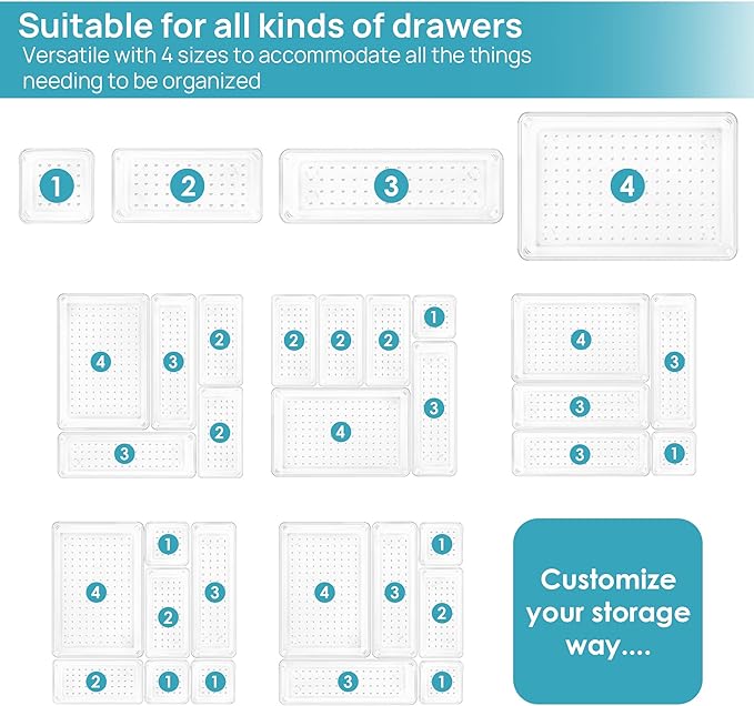 Vtopmart 25 PCS Clear Plastic Drawer Organizers Set, 4-Size Versatile Bathroom and Vanity Drawer Organizer Trays, Storage Bins for Makeup, Bedroom, Kitchen Gadgets Utensils and Office | 4-Size Versatile Makeup Organizer, Storage Containers Small Bins f... - Image 7