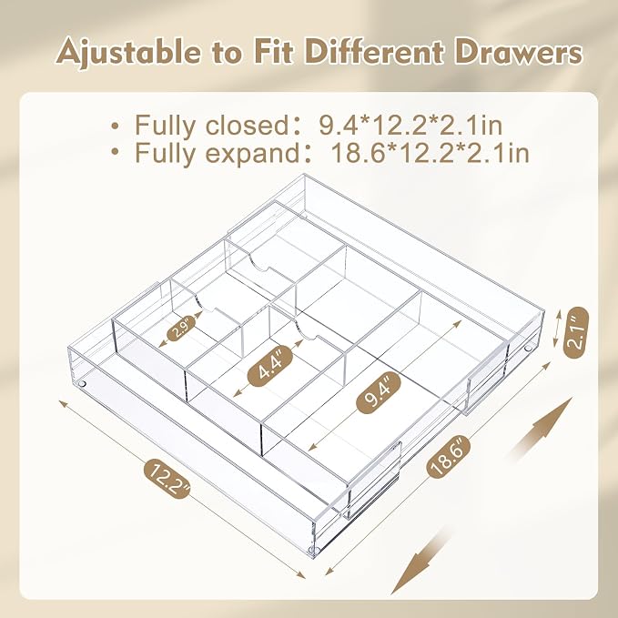Briwooody Clear Acrylic Drawer Organizer Expandable,8 Compartments,Large | 9'' up to 18'' x 12'' x 2.1'' Desk Drawer Organizer Trays Adjustable with Desk Accessories for Makeup Office Bathroom - Image 2
