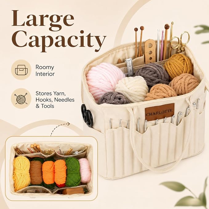 Canvas Yarn Storage Bag with Personalized Name Leather Patch, Large Canvas Yarn Bag for Crochet and Knitting, Crochet Organizer with Multiple Pockets & Yarn Holes, Birthday Gift for Mom Grandma - Image 3