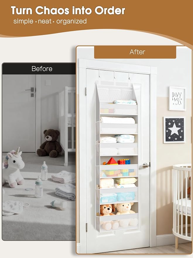 Over the Door Organizer, Heavy-Duty 6-Shelf Hanging Storage with 13 Mesh Pockets, 55lbs Capacity Behind the Door Storage for Nursery, Bathroom, Bedroom, and Dorm, White - Image 2