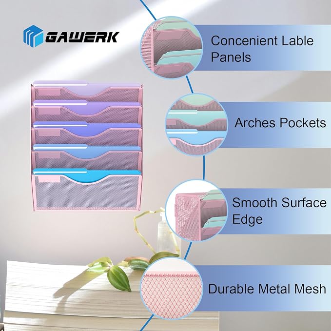 Gawerk 5 Tier Hanging Wall File Organizer, Mesh Mail Paper Orgnization Hanging File Folder Holder for Home Office, Pink - Image 3