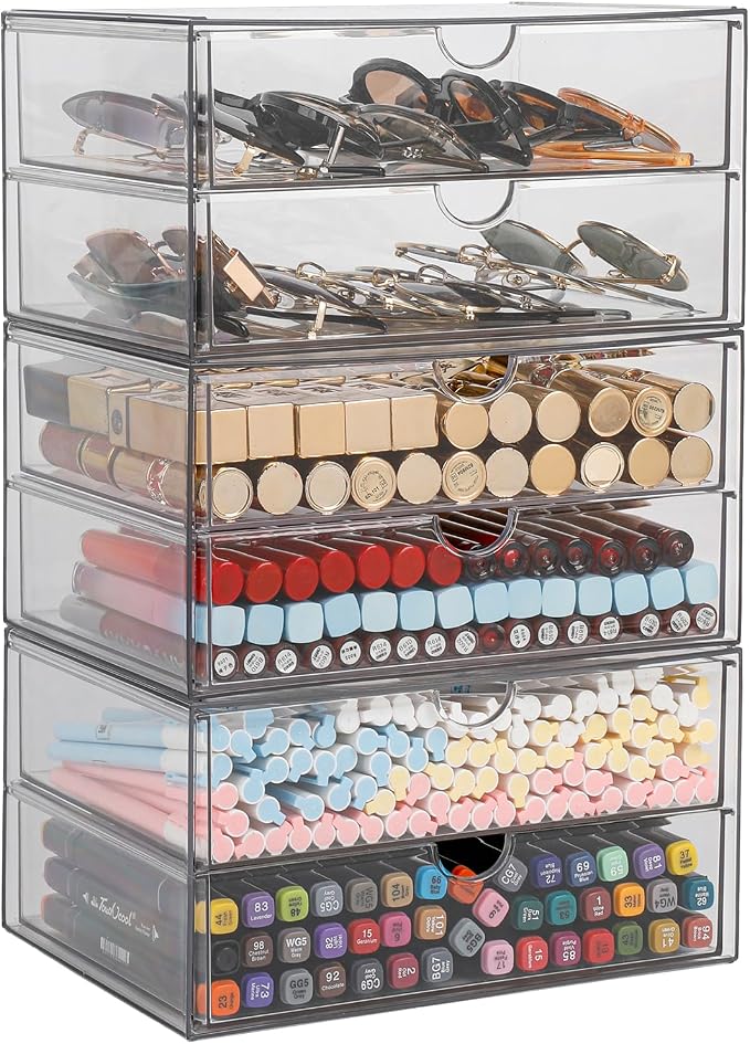 Clear Desk Drawer Organizer, 6 Drawers, Plastic | Stackable Desk Organizers and Accessories, For Pencils, Books, Art Crafts, Makeup, For Home Office, Bathroom, Kitchen - Image 2