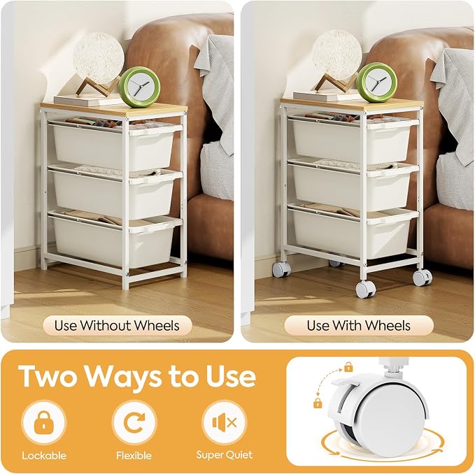 KINGBOARD Slim Rolling Cart with 3 Drawers, Metal Utility Storage Cart | Wooden Tabletop, Lockable Wheels, Under Desk Trolley for Bedroom, Children's Room and Office Organization, White - Image 8