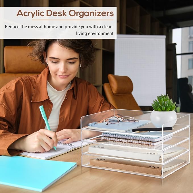 Harloon 4 Tier Paper Organizer Letter Tray Acrylic Desk File Organizer Heavy Duty Stackable Documents Clear Letter Paper Holder Sorter Office Tray for A4, Office Classroom Home File Pad Notebooks - Image 6