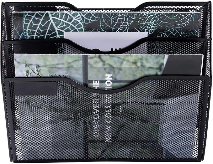 3 Pocket Mesh Hanging Wall File Organizer, Wall Mounted Mail Paper Document Folder Holder, Clipboard Storage Organization Magazine Rack with Nametag Label for Office Home School, Black - Image 3