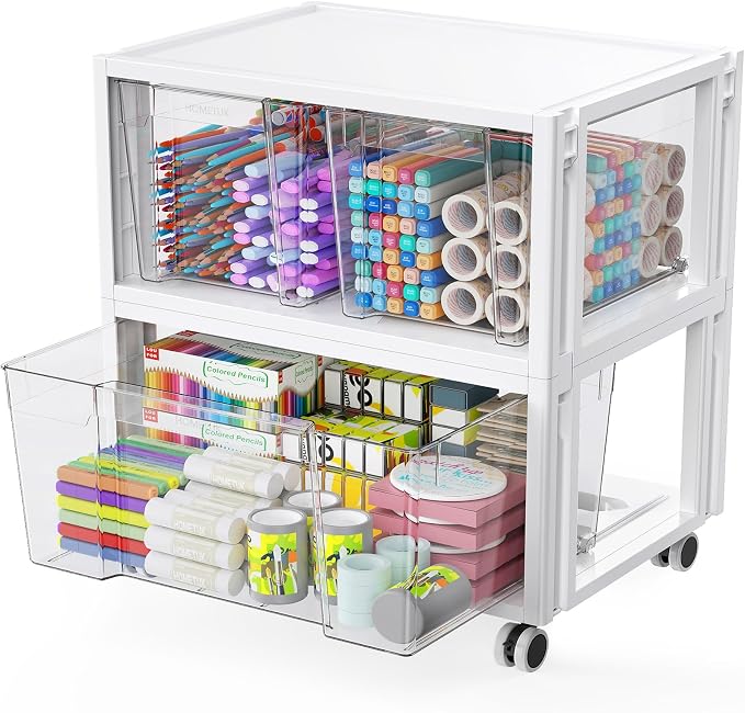 Stackable Storage Drawer Carts, Extra Large Bins 2 Tier 3 Drawers | Smooth Pull-Out Drawers, Clear Plastic Storage Organizer Container For Home Office Bedroom Bathroom Art Crafts Under Desk by HOMETUK