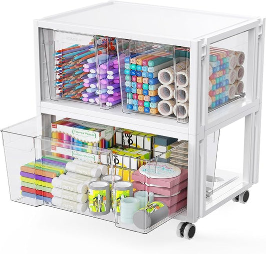 Stackable Storage Drawer Carts, Extra Large Bins 2 Tier 3 Drawers | Smooth Pull-Out Drawers, Clear Plastic Storage Organizer Container For Home Office Bedroom Bathroom Art Crafts Under Desk by HOMETUK