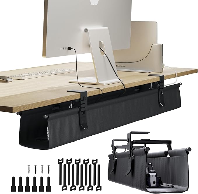 Original No Drill Under Desk Cable Management Tray 40.6" - Premium Black Fabric Cable Management Under Desk - Clamp/Screw Mount Cord Organizer - Supports Upto 66lbs - Large by Ascrono
