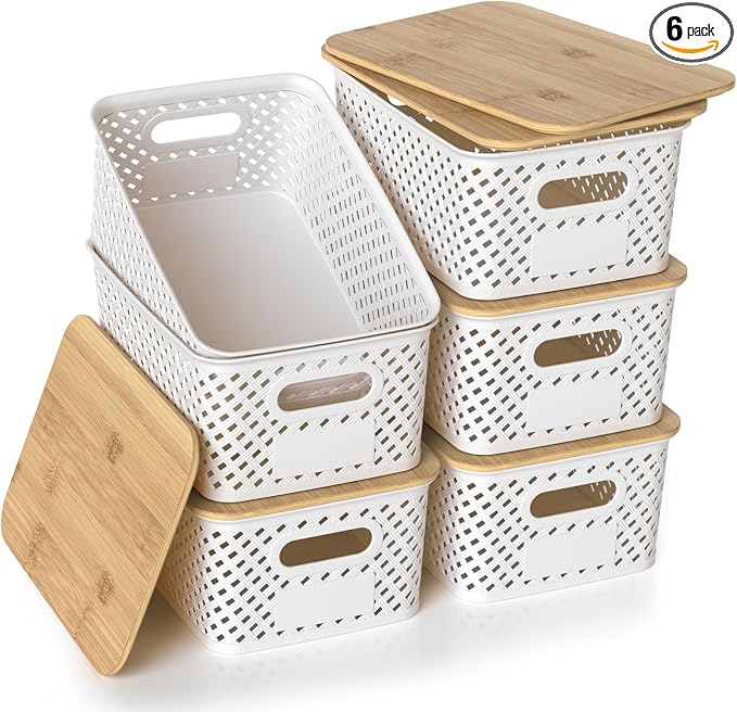 Plastic Storage Bins with Bamboo Lids, Stackable Small Box Baskets for Organizing and Containers for Shelves Drawers Desktop Closet Pantry Classroom Office Home, 6 Pack 10.2x7.2x4.1 Inch, White by ZFTMRR