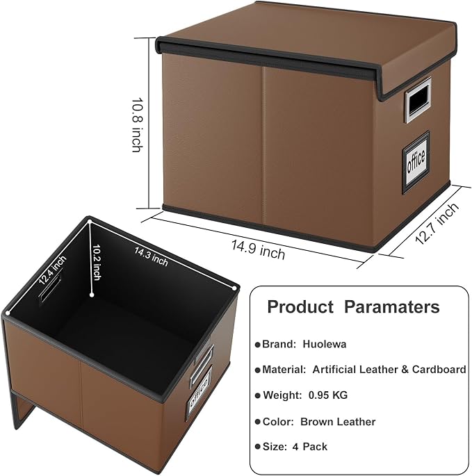File Organizer Box with Lids, Collapsible File Folder Organizer | File Box with Plastic Slides for Document, Filing Bin for Letter Size Hanging File Folders (4 Pack, Brown, Leather) - Image 3