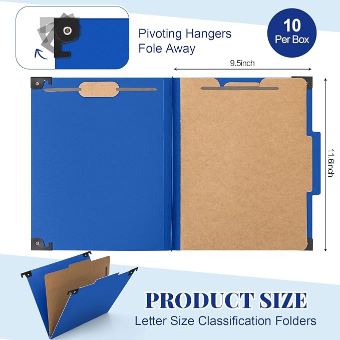 Henoyso 10 Pcs Hanging Classification Folders Bulk with 2 Prongs, 1 Divider Letter Size, 2 Inch Expansions Pressboard File Folder, 1/3-cut Tab File Organizer for Medical Law Client Files (Dark Blue) - Image 2