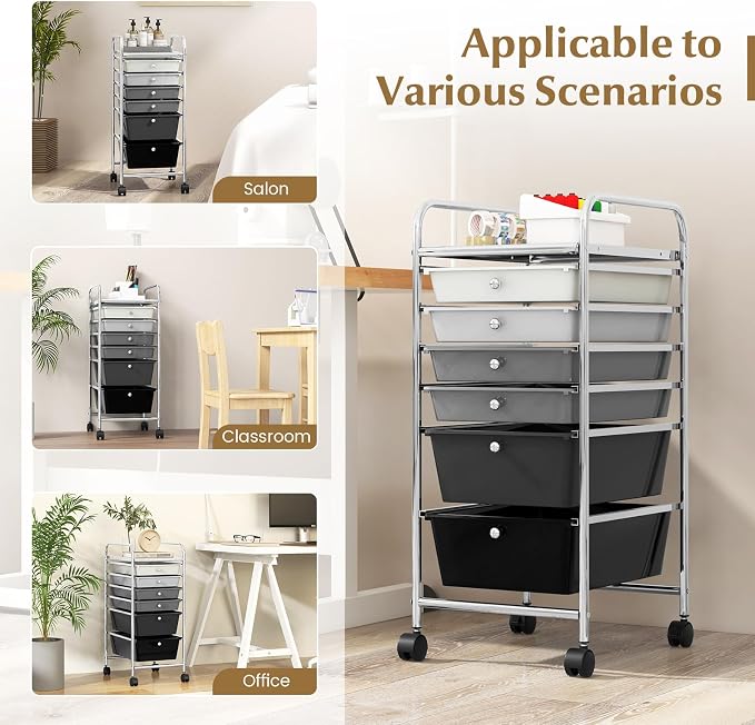 COSTWAY 6-Drawer Rolling Storage Cart, Art Craft Tools Organizer on Wheels | Multifunctional Heavy Duty Utility Mobile Storage Trolley w/ 2 Lockable Wheels for Home Office School (Mixed Black) - Image 6