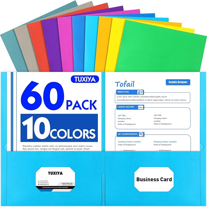 TUXIYA Folders with Pockets, 2 Pocket Folders 60 Pack, Assorted 10 Colors, Letter Size Thick Paper Pocket Folder for School Office Business Home by Unknown