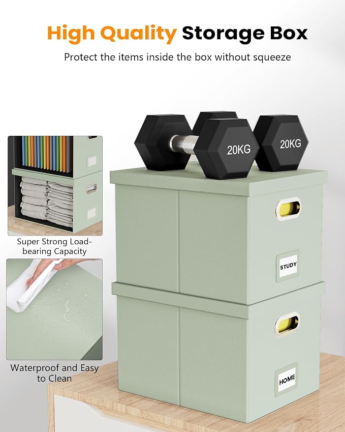 File Organizer Box,Filing Box with Lid,File Box for Letter/Legal File Folder Storage, Portable Hanging File Box for Office/Decor/Home,1 Pack, Grey-green(Leather),Box only, AM03118 - Image 5