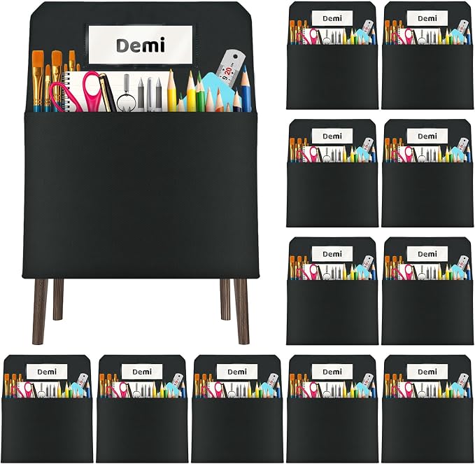 12 Pack Chair Pockets for Classrooms, 16 x 19 inch Pocket Chart Back of Chair Organizer for Kids with Name Slot, Seat Sacks for Classroom Chairs Seat Storage (Black, 12Pack) by Unknown