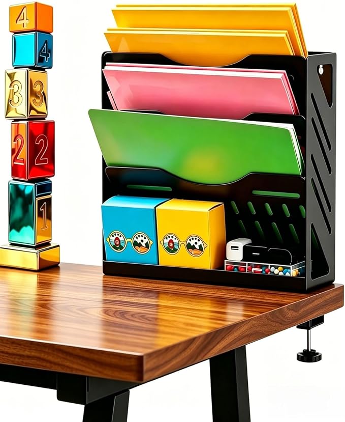 CanKing Metal File Organizer 4-Tier Clamp Desk and Wall Mount | Sturdy paper holder and wall mail shelf featuring integrated compartmentalized bill storage for desktop and office use by CanKing