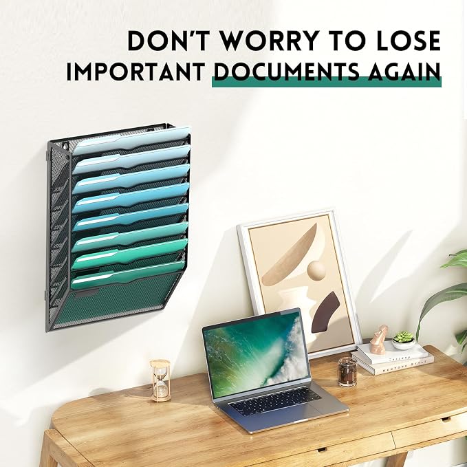 8-Tier Wall File Organizer, Wall Mounted Mail Sorter, 2 Pack | Metal Mesh Hanging File Organizer with Open Compartments and Label Panels for Papers and Folders at Home, Office or School - Image 4