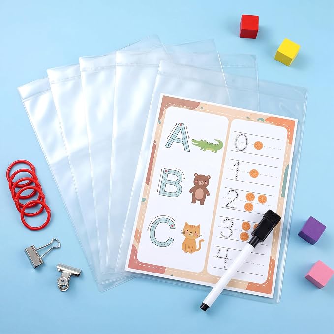 100 Pack Job Ticket Holders Bulk 9" x 12" Heavy Duty Dry Erase Pockets Clear Pocket Documents Sleeve Plastic Paper Job Ticket Holder Clear Sheet Protector for Shop Office Classroom Home - Image 6