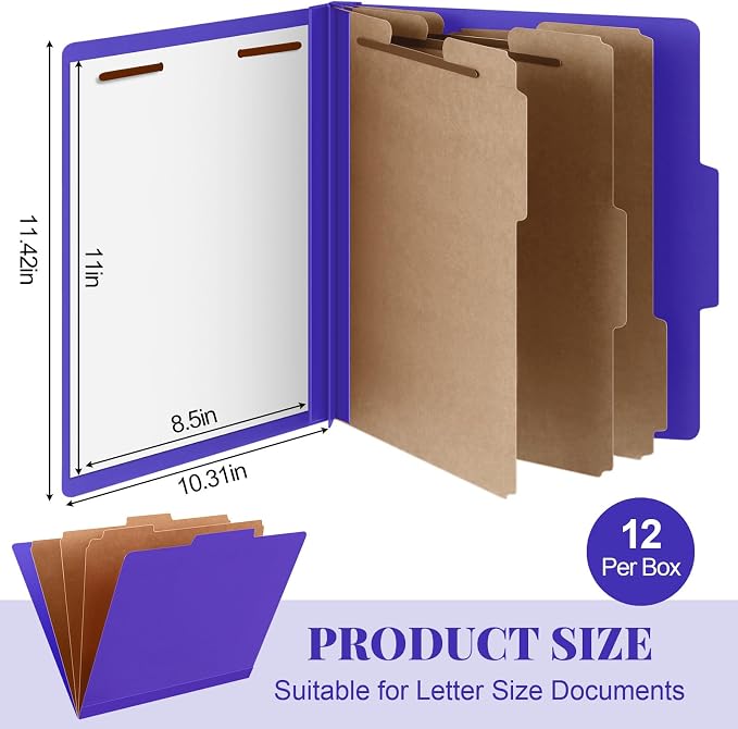 Skyygemm 12 Pcs Classification Folder Letter Size, 3 Divider File,Purple | Back to School Folder Supplies, Pressboard File with Fastener, Expanding Organizer Bulk for Teacher, Office, Employee, Staff - Image 2