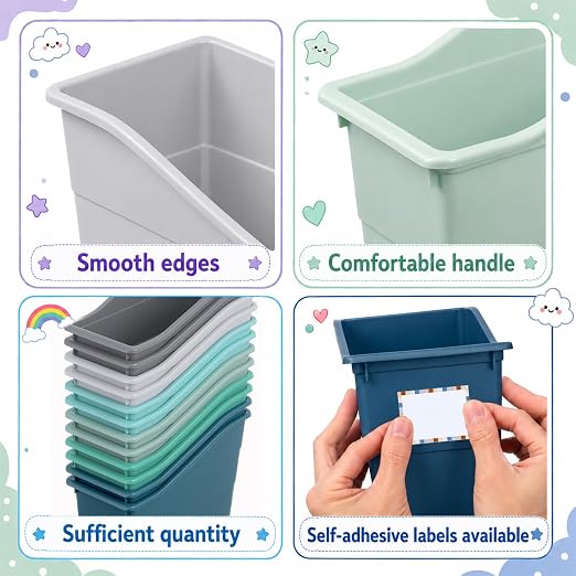 gisgfim 12 Pack Large Book Bins with Labels (Modern) | Durable Plastic,Stackable Magazine Organizer,Storage Bins for Classroom,Library,Office,Bookshelf Categorization - Image 3