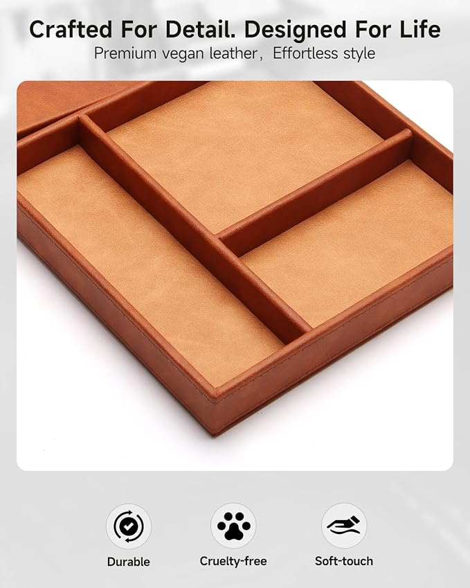 Valet Tray, Built in Wireless Charging Pad, Nightstand Organizer, Two-Toned Premium Vegan Leather Desk Bedside Caddy Organizer Tray for Keys, Watch, Wallet,Jewelry (Brown Patchwork) - Image 5