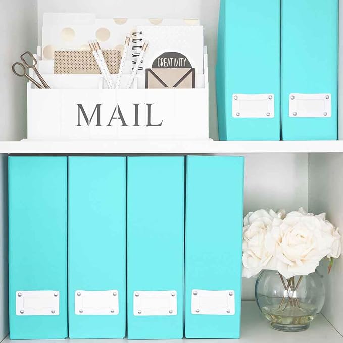 BLU MONACO Set of 6 Aqua Magazine File Holders | Foldable Magazine Storage Boxes with White Leather Label Holders | Vertical File Organizer for Desk, Shelves & Home Office - Image 7