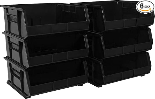 Akro-Mils 30250 AkroBins Plastic Storage Bins, 15"x16"x7", Black, 6-Pack | Space-Saving Stackable Bins for Garage, Pantry, Craft Organization by Akro-Mils