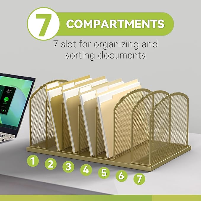 Desk File Organizer Vertical 7 Sections Mesh File Sorter Paper Storage Organizer for Desk, Office Organization File Holder Rack, Gold - Image 4