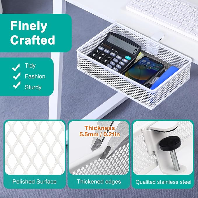 Under Desk Drawer, Clamp on Desk Organizer Under Table Hanging Desk Storage | 2 ways to clamp on: desk side or leg. Under desk organizer, clamp on desk drawer, basket hanging under table shelf, no-drill - Image 5