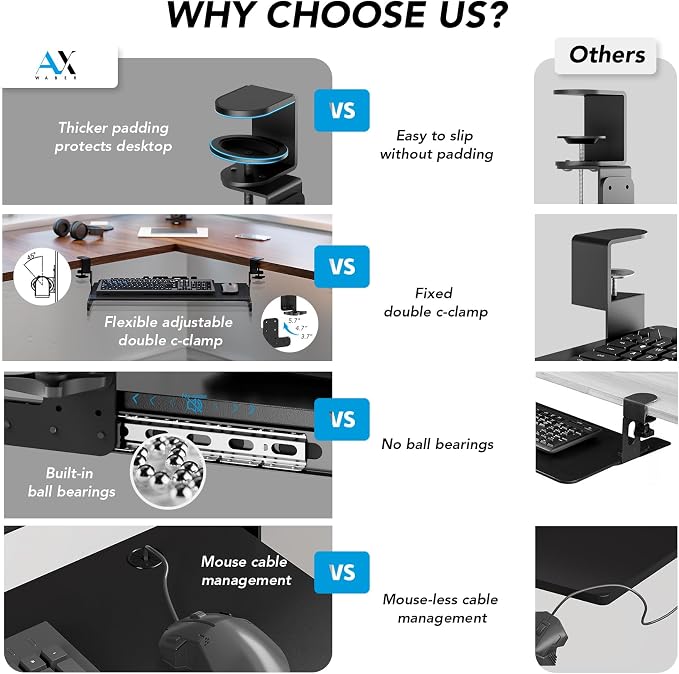 Keyboard Tray Under Desk Pull Out with Extra Sturdy Adjustable C Clamp Mount System, 27.3 (32.5 inch Including Clamps) x 11 Inch Slide-Out Platform Computer Drawer for Typing, Black,AX01WB01 - Image 2