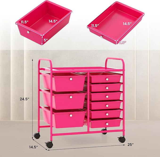 Moccha 9-Drawer Rolling Storage Cart - Under Desk Storage Drawers with wheels for Craft Art Supply Paper Salon, Scrapbook Paper Tools, Mobile Utility Cart for Classroom, Hot Pink - Image 3