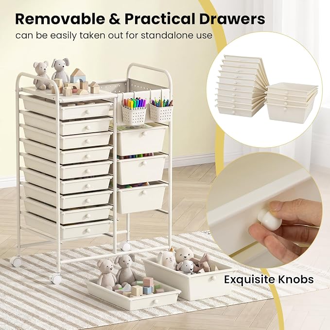 GOFLAME 14-Drawer Rolling Storage Cart with Pegboard, Craft Storage Cart with Lockable Wheels and Metal Frame, Multifunctional Art Cart Supply Storage Organizer for Home Office Classroom, White - Image 7