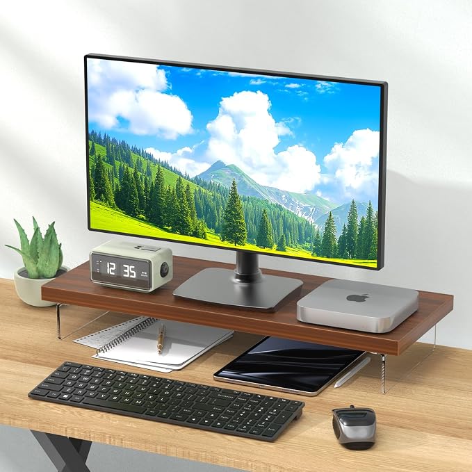 Monitor Stand Riser, 25x10 in Wood & Acrylic Computer Desk Organizer Shelf | Computer Monitor Stand With Wood & Acrylic Design; Works As Laptop Riser, Printer Stand, TV Screen Riser And Desk Organizer. - Image 2