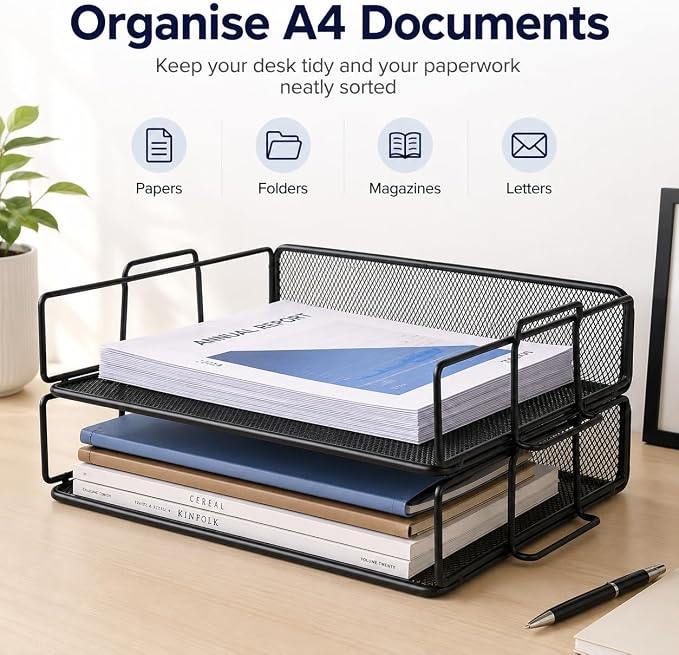 Exerz Letter Trays Stackable Paper Sorter/Desk Organiser/File Tray for Desk - Wire Mesh Metal File Rack - Office, School, Home Study (Black 2pcs) | Two Tier Metal Mesh Stackable Saves Desk Space Holds A4 Papers Folders Notebooks Magazines For Office Ho... - Image 5