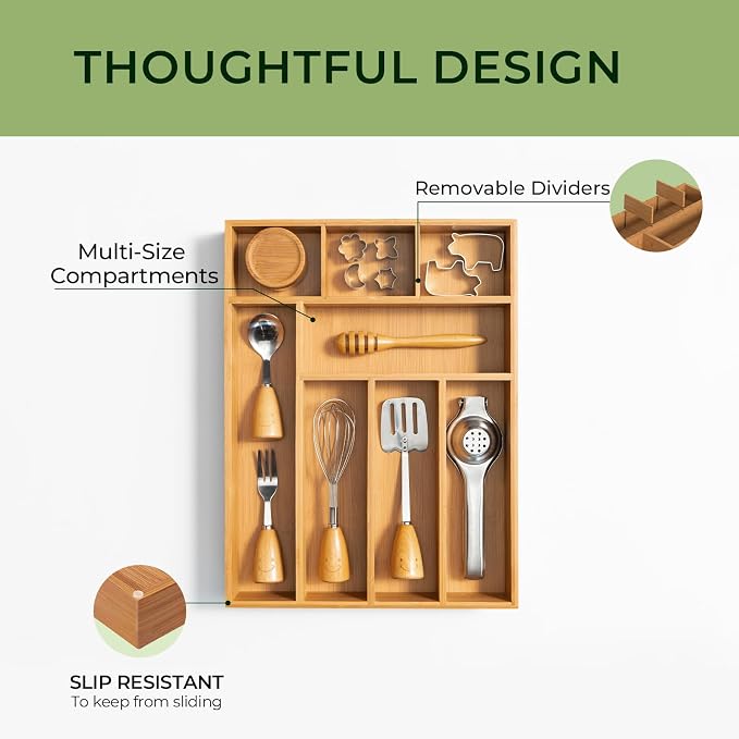 Carbonized Bamboo Kitchen Drawer Organizer, 8 Slots Silverware Organizer, Utensil Holder & Cutlery Tray, 2.2" Deep for Extra Capacity, Non-Slip Feet Included - Image 6