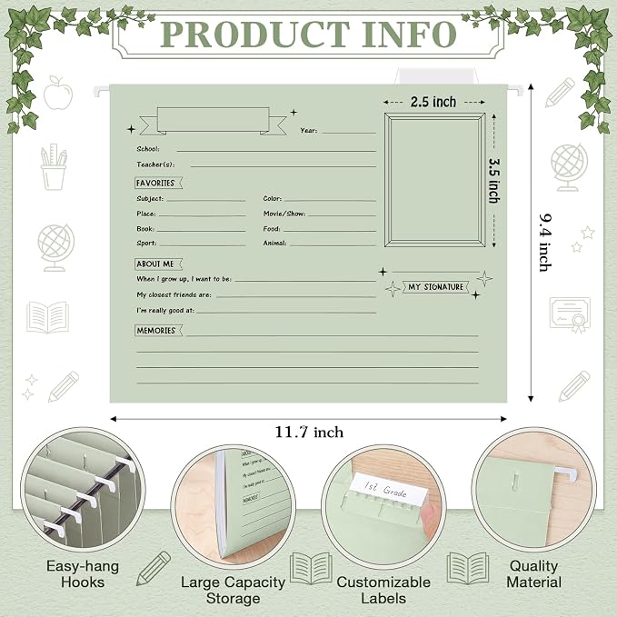 Glenmal 25 Pack School Years Memory File Folders Memory Pages Letter Hanging Files School Keepsake Organizer Questionnaire for Kids K-12 Student Info Record Personal Growth Tracking(Green) - Image 3