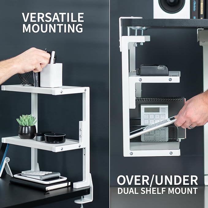 VIVO White Clamp-on 13 inch 2-Tier Desk Shelf, STAND-SHELF2CW | Above or Below Desk, 2 Level Shelving Unit for Table Accessories, Gaming Devices, and More, Storage Tray, Desktop Organizer - Image 4