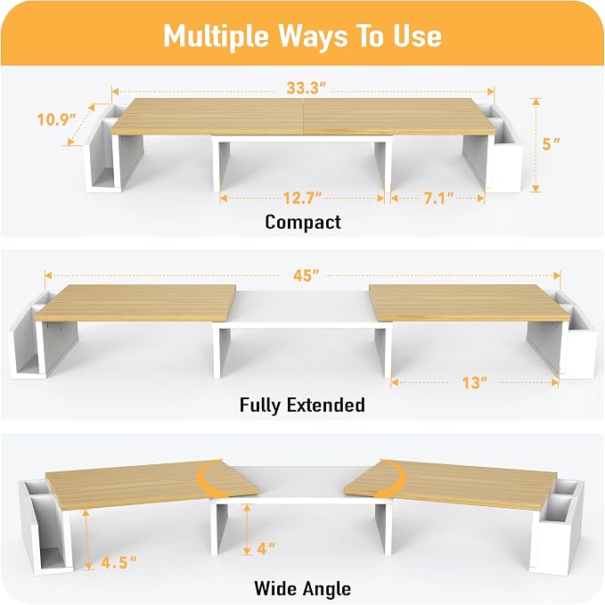 Simple Houseware Desk Dual Monitor Stand Riser with Drawer, Oak | Customizable Organizer Tray, Built-In Phone & Tablet Slot and Side Storage - Image 3