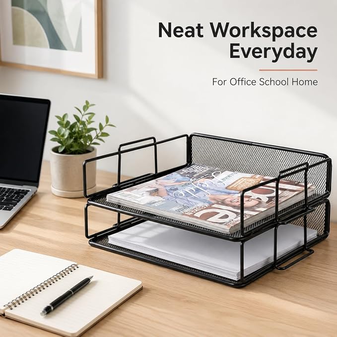Exerz Letter Trays Stackable Paper Sorter/Desk Organiser/File Tray for Desk - Wire Mesh Metal File Rack - Office, School, Home Study (Black 2pcs) | Two Tier Metal Mesh Stackable Saves Desk Space Holds A4 Papers Folders Notebooks Magazines For Office Ho... - Image 7