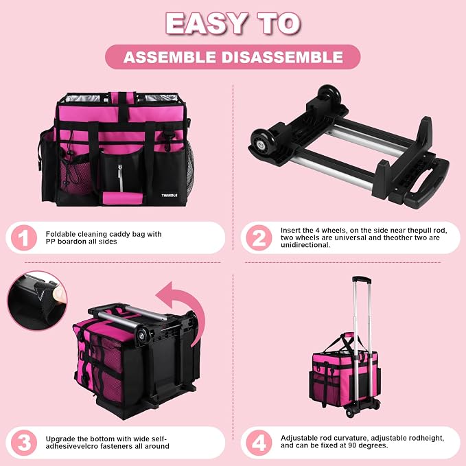 Cleaning Caddy with Wheels, Rolling Cleaning Supplies Organizer with Bottom Board, Dividers & Shoulder Strap, Portable Utility Tote with Small Trolley, Rose Pink - Image 5