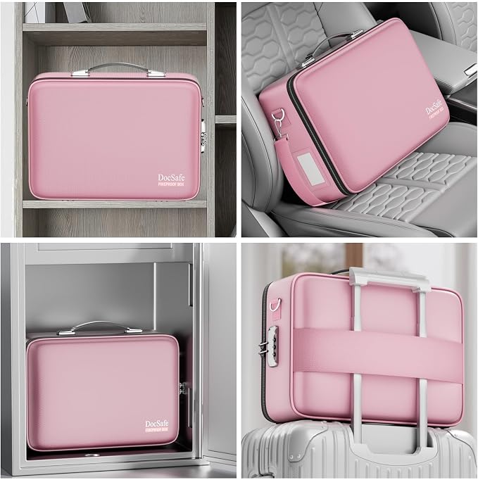 DocSafe Fireproof Document Box Hard Case with Lock ＆ Accordion File Folder | Fire and Water Resistant Safe Box,File Organizer,Multi-Pocket,Home Office Travel Storage for Important Document,Laptop,Pink - Image 6