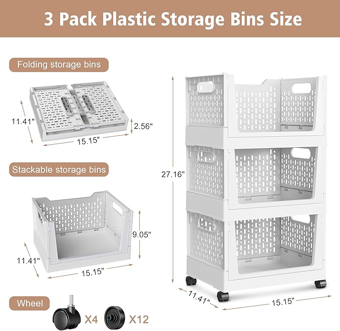 Stackable Storage Bins, Folding Collapsible Closet Organizers and Storage Bins Box, Plastic Shelves Drawer Organizer Container for Closet Office Bedroom Kitchen Bathroom with Wheels, White, 3 Pack - Image 2