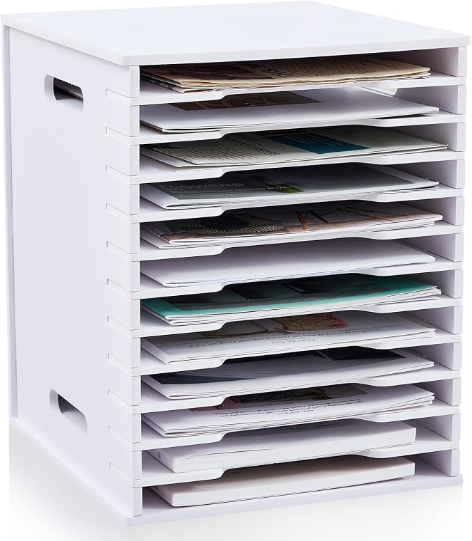 12 Tier 8.5" x 11" Scrapbook Paper Organizer, White Cardstock File Organizer with Adjustable Shelves, Stackable Paper Trays, Desktop Storage Rack Document Holder for Desk Home Office by Juexica