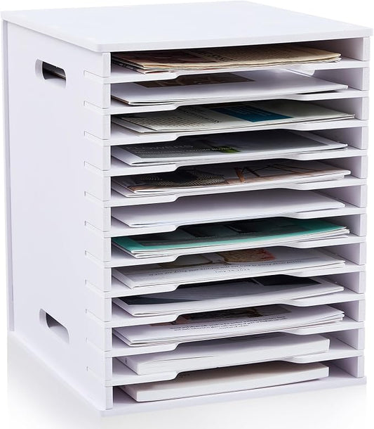 12 Tier 8.5" x 11" Scrapbook Paper Organizer, White Cardstock File Organizer with Adjustable Shelves, Stackable Paper Trays, Desktop Storage Rack Document Holder for Desk Home Office by Juexica