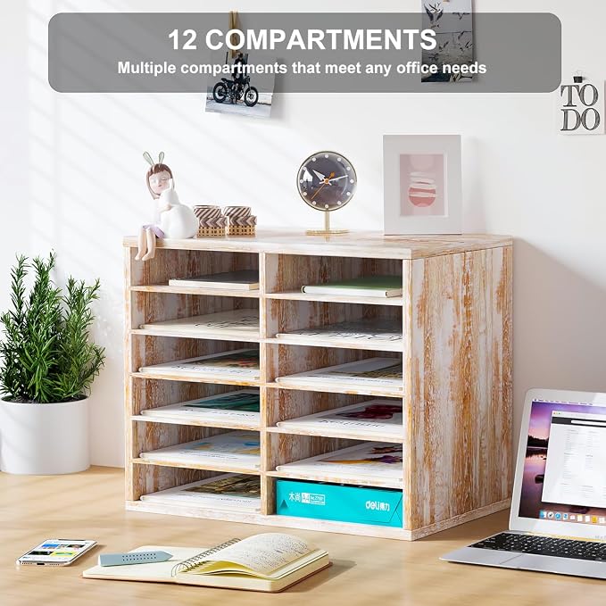 Countertop Mail Sorter Organizer, Wooden Literature Organizer, Student Mailbox for Classroom, Desktop Bill Organizer for Office Home School, 12 Compartments, Retro White - Image 4