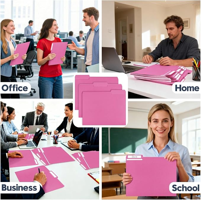 File Folders,150 Pack Letter Size Colored File Folders,8.5" x 11",1/3 Cut Tab Folder,Bulk Durable Paper Folders with Blank Labels for Office Business School Home Use,Bright Pink - Image 7