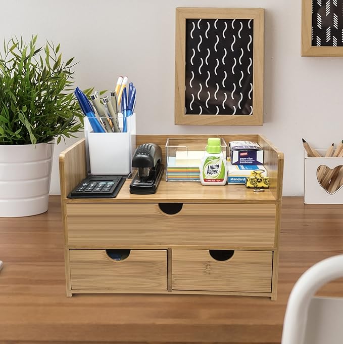 Sorbus Bamboo Desk Organizer - 3-Tier 100% Bamboo Desktop Organizers – Mini Bamboo Desk Drawer Tabletop Storage Box Countertop Organization 3 Drawers & Shelf - Office, Makeup Vanity, Fully Assembled - Image 5