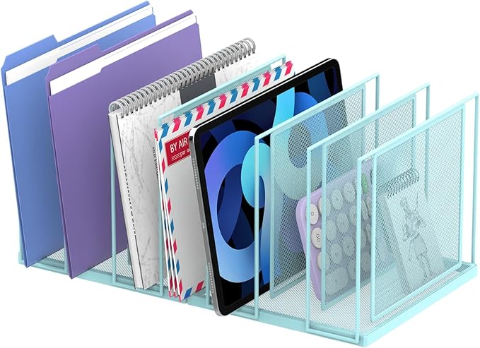 File Organizer for Desk, 7-Section Vertical File Sorter, Paper Holder Organizer Standing Metal File Folder for Office Home Classroom, Blue by JMHUD
