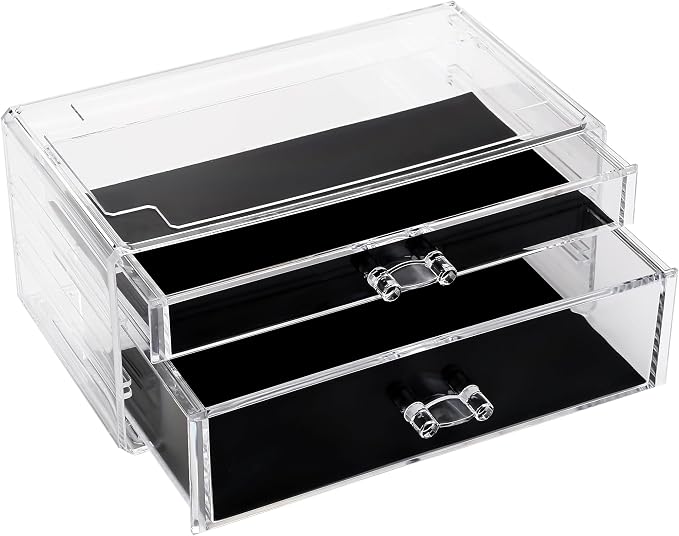 Sea Team Stackable Clear Acrylic Makeup Organizer with Drawers for Vanity | Cosmetic Display Case, Jewelry Storage Box with 1 Large and 1 Middle Drawers, Ideal for Dresser, Bathroom, Countertop by SeaTeam
